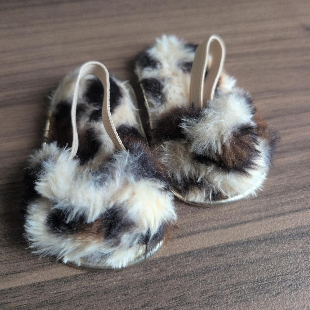 First Steps Brown and cream leopard print faux fur baby sandals size 3-6 months